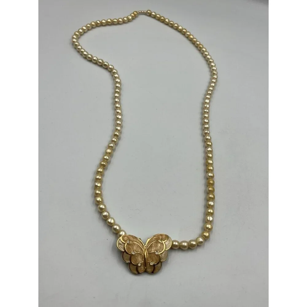 VINTAGE Kenneth Jay Lane KJL for Avon Pearl Enamel Crystal Butterfly Necklace - Picture 5 of 16